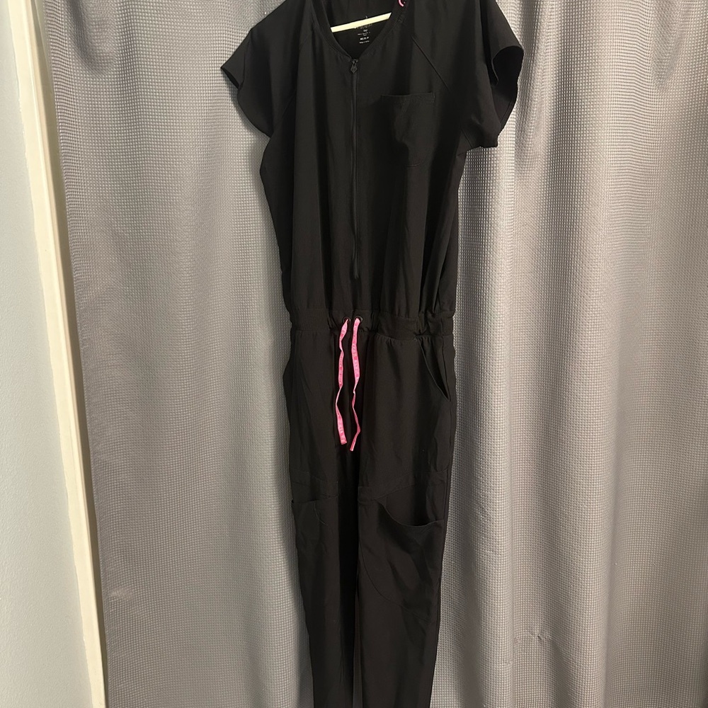 MedCouture Black Scrub Jumpsuit with Pink Drawstring